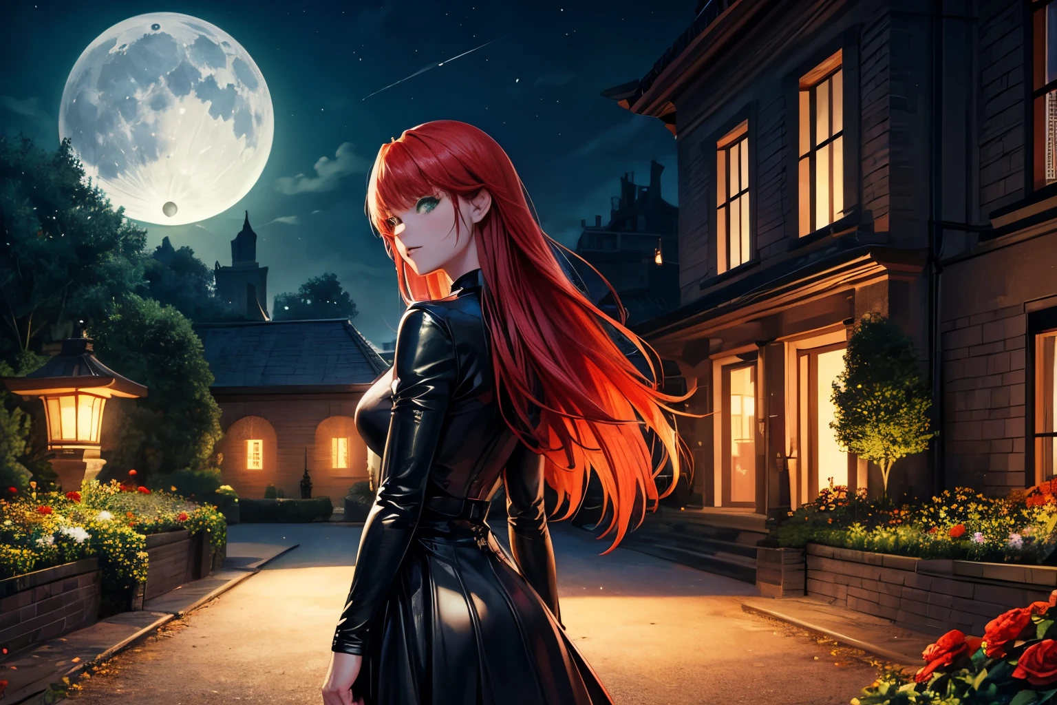 realistic, 1 girl, red hair, green eyes, black leather outfit, from behind, garden, flowers, mansion, night, moon