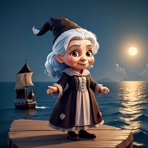 há uma old witch em um barco em alto mar,art cg,old witch,portraite,arte kawaii