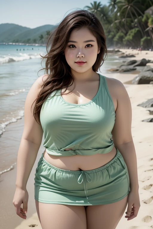 Slightly overweight woman, wearing a tank top,
mini skirt, faint smile, glare, random pose, beach
background, photography, HD