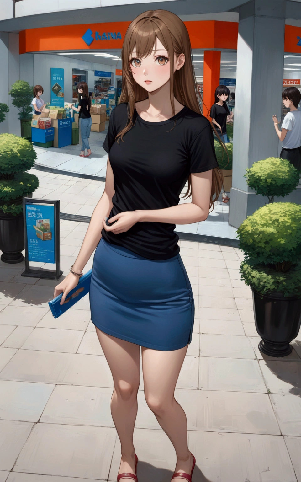 realistic anime of pretty young woman is getting out from department store, (brown long hair without bangs girl), (wearing black t-shirt, blue pencil mini skirt), (1girl, solo, full body), (masterpiece, best quality, expressive eyes, perfect face, japanese anime style)