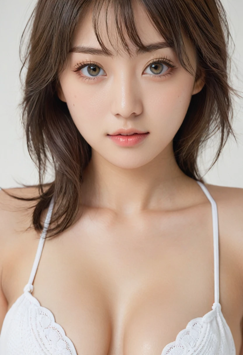 masterpiece, High resolution, perfect face, Japan beauties, 20 years old, beautiful face, white simple background, simple bikini, embarrassed look, look at the camera, (top quality eyes), detailed texture, Look at me, ((high resolution eyes))