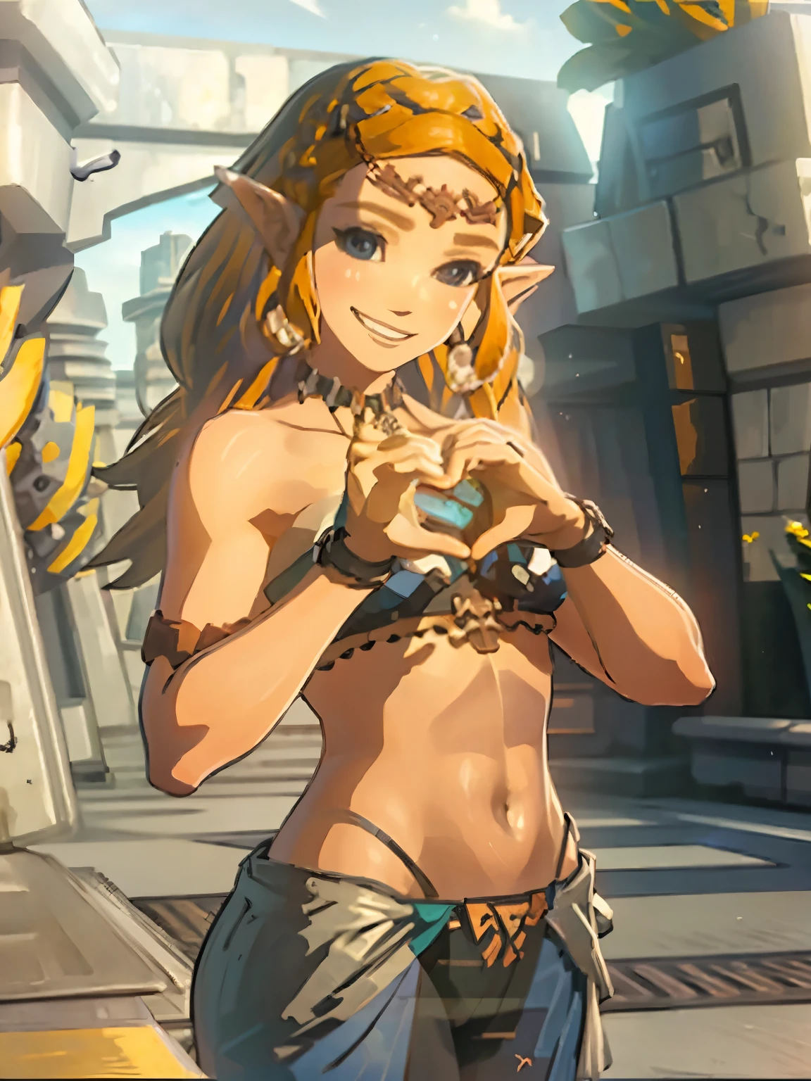 ((masterpiece)), ((best quality)), (detailed), perfect, solo, zelda, gorgeous woman, heart hands
own hands together, looking at viewer, breasts, indoors, bikini, grin