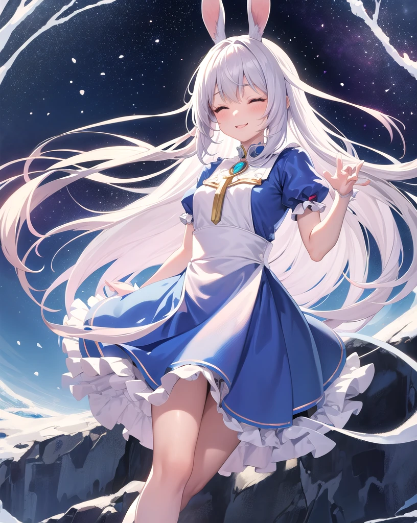 masterpiece, Highest quality, One personの女の子, One person, Sleep in a soft bed, Luxurious bed, Eyes closed, Hands placed on chest:1.2, Small breasts.Long hair in the snow, Wearing a dress, skirt, フレアskirt, smile, Anime Fantasy, Flowing white hair, Fantasy Anime,Bunny ears:1.5. Ethereal Anime, Beautiful anime art, Beautiful digital art, Anime Fantasyアートワーク, Anime Fantasyアートワーク, Sheet, Exact finger count:1.3, like a maiden in the grass