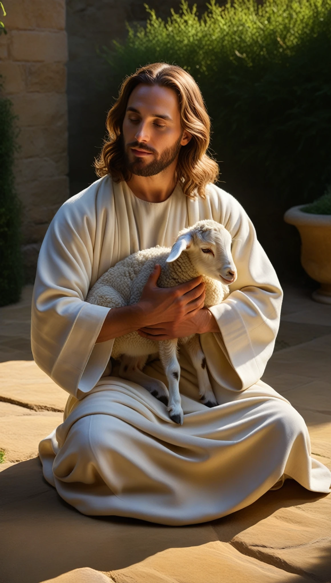 Photorealistic painting showing a close-up of Jesus holding and cradling a lamb without blemish with love and gentleness (he is sitting outdoors in a garden), Jesus with a beautiful and serene face, soft golden light in chiaroscuro flowing over his body, serenely lit environments within a garden reminiscent of an ancient era, light on the textured floor, rich, warm and deep shadows giving depth to the stable, mystery, hyper-detailed textures combining the Renaissance style with modern photorealism