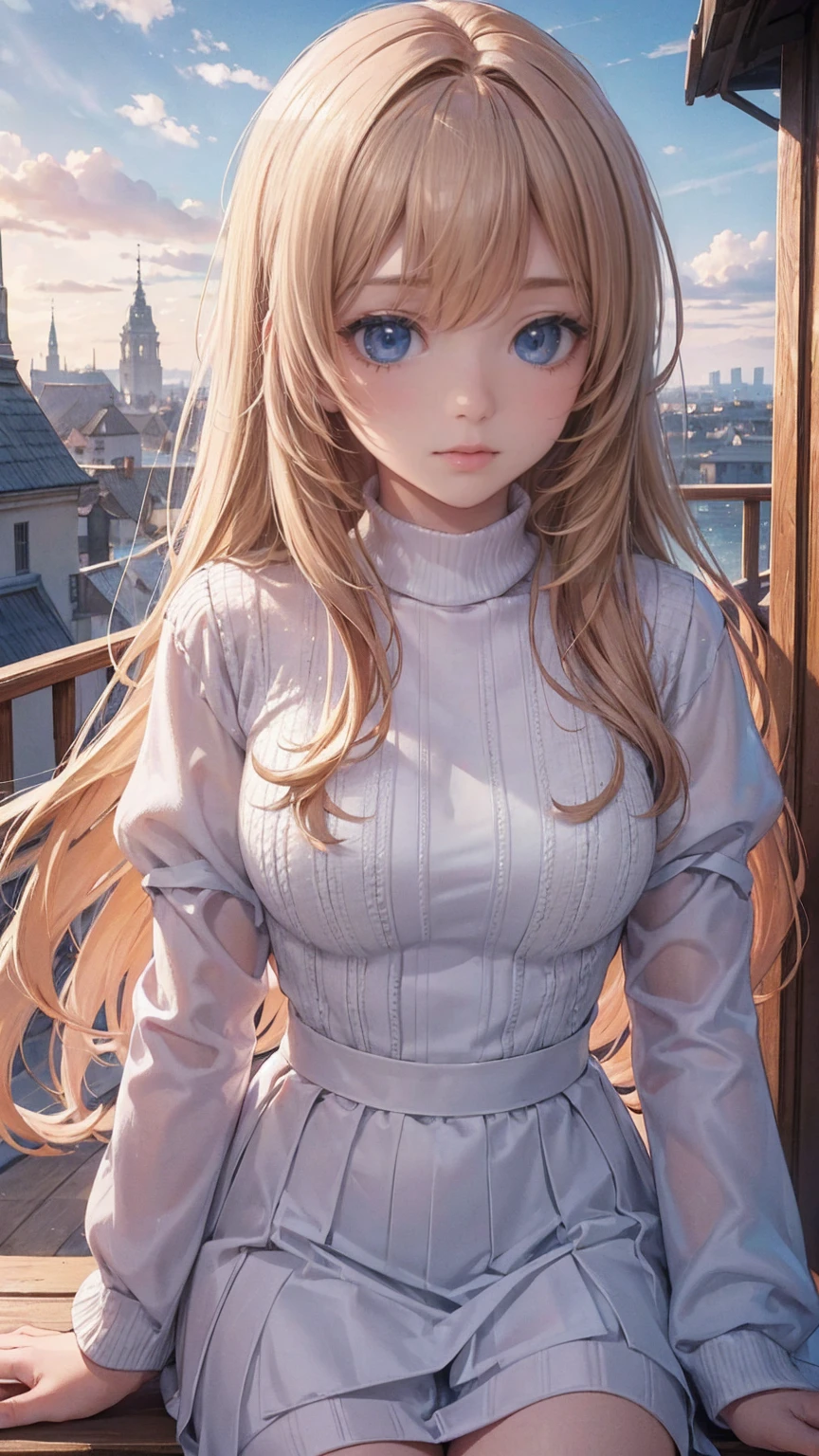 (alone:1.3)), One girl, Highest quality, Genuineistic, Realistic, Highest quality, masterpiece, Very delicate and beautiful, Very detailed, (Selfie:1.2), The finer details, Super detailed, High resolution, Very detailed, Genuineistic, Ultra High resolution, Highest quality, Ultra High resolution, (Genuine:1.4), High-quality texture, Wear a thin white summer knit, On the roof, bangs, Long Hair , Afternoon Light, Wonderful sky and clouds