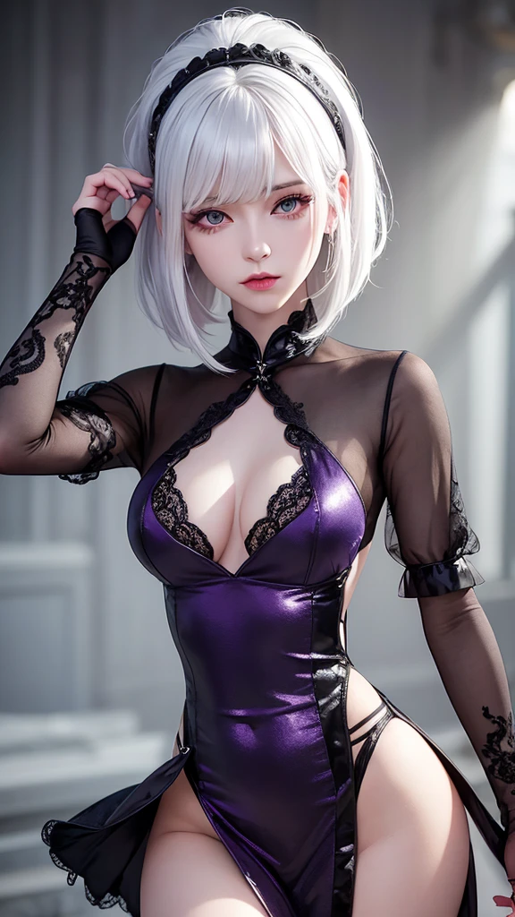 girl with white hair,with bangs, black gloves, purple clothes, short dress, green eyes, 4K, masterpiece, perfect body, stem,perfect eyes, perfect shading, perfect lighting, best quality, work of art, ultra detailed, detailed clothing