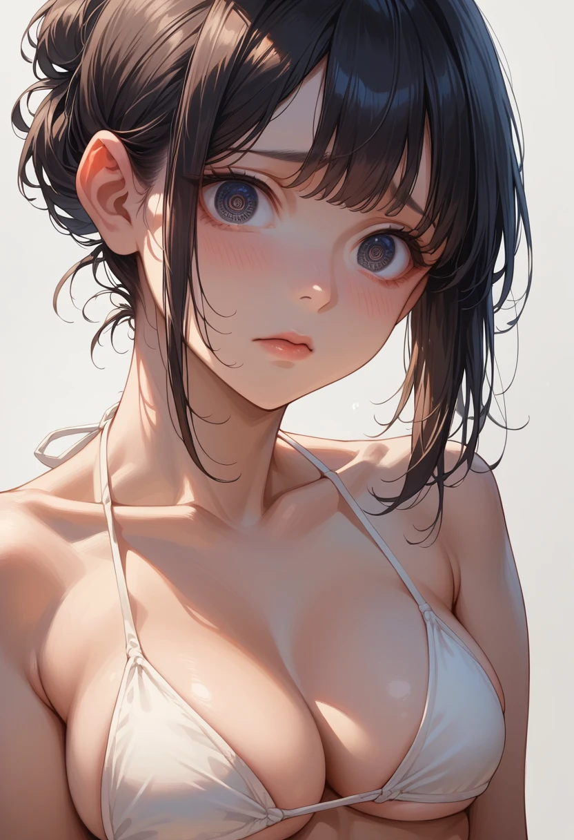 masterpiece, High resolution, perfect face, Japan beauties, 20 years old, beautiful face, white simple background, simple bikini, embarrassed look, look at the camera, (top quality eyes), detailed texture, Look at me, ((high resolution eyes))