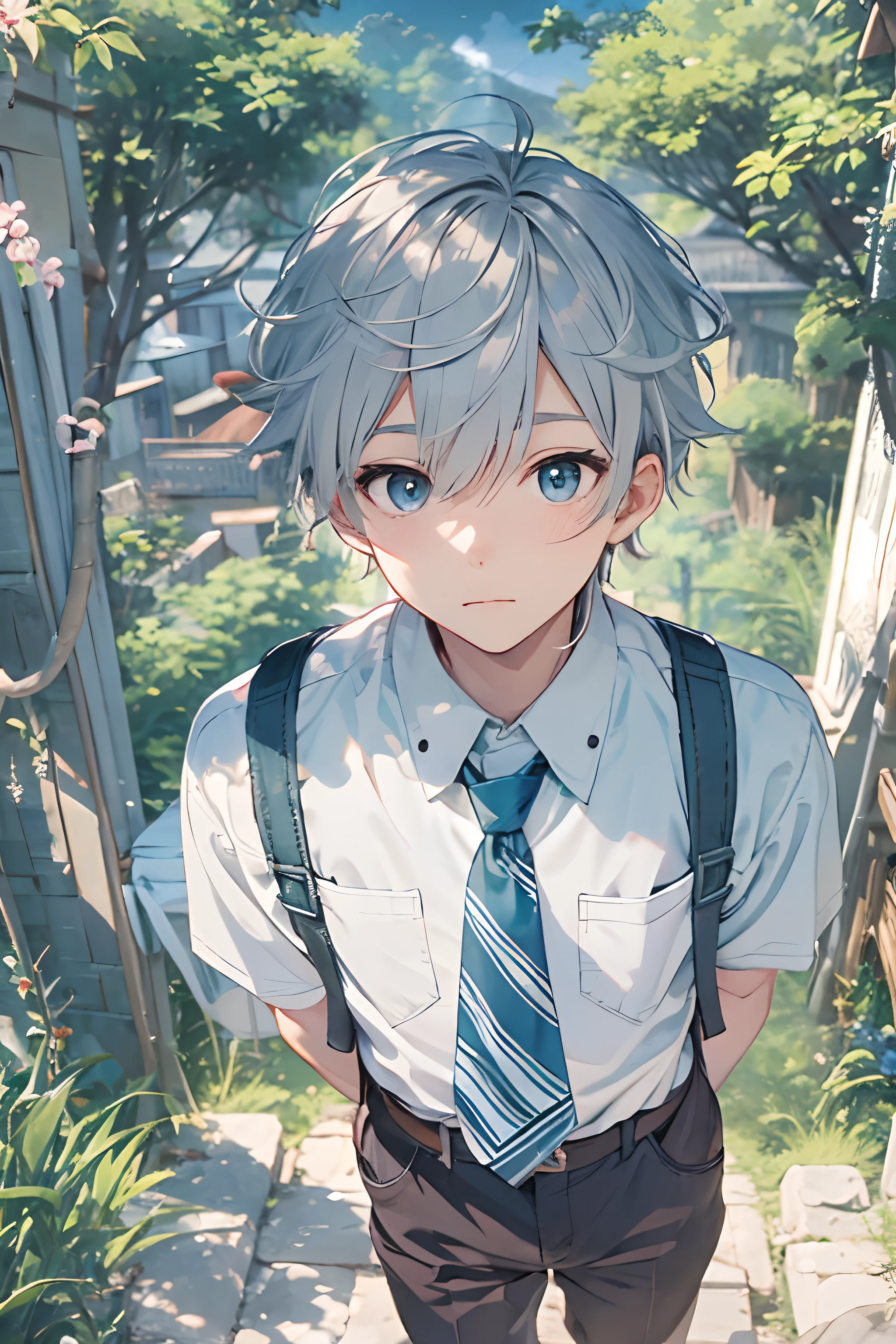very beautiful boy、silver hair、country landscape、white cutter shirt、half pants、natural lighting、Studio Ghibli、blue sky、High resolution、Best Quality,