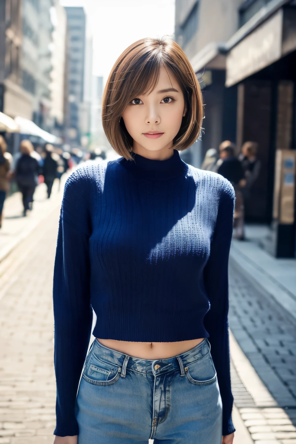 ((Top quality、8k、masterpiece:1.3))、Clear focus:1.2、Beautiful woman with perfect body:1.4、Slim abdominal muscles:1.2、((Very short hair:1.2))、(Dark blue sweater、denim:1.1)、Camel Corset(rain、a street:1.2)、Wet body:1.5、3D Textures、Delicate eyes、Brown hair、Very shiny hair、Rear view、Improve hair quality、Handsome short hair、short hair blonde。