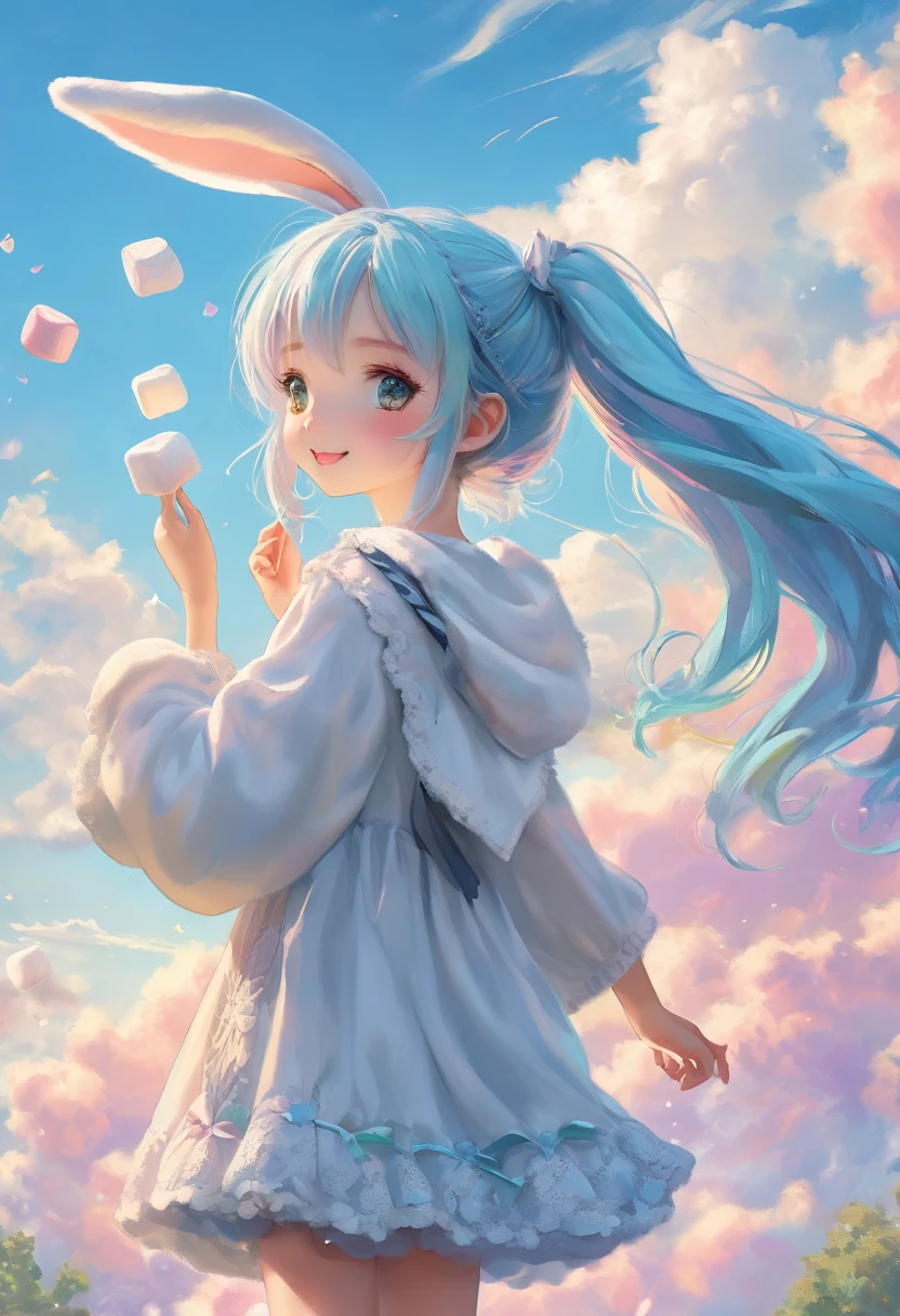 fluffy, soft ((Highest quality)), ( Very detailed, Best details, Official Art, Beauty and aesthetics: 1.2), Depth of the written border, composition, whole body, (a bit), (Beautiful and detailed: 1.3), (wonderful:1), Colorful clouds blurred background、Bunny Morphing Girl, fluffy, soft ((Highest quality)), ( Very detailed, Best details, Official Art, Beauty and aesthetics: 1.2), Depth of the written border, composition, whole body, (a bit), (Beautiful and detailed: 1.3), (wonderful:1), Colorful clouds blurred background,One girl, Beautiful girl with long light blue hair and twin tails, eating fluffy marshmallows, bright smile, white fluffy costume