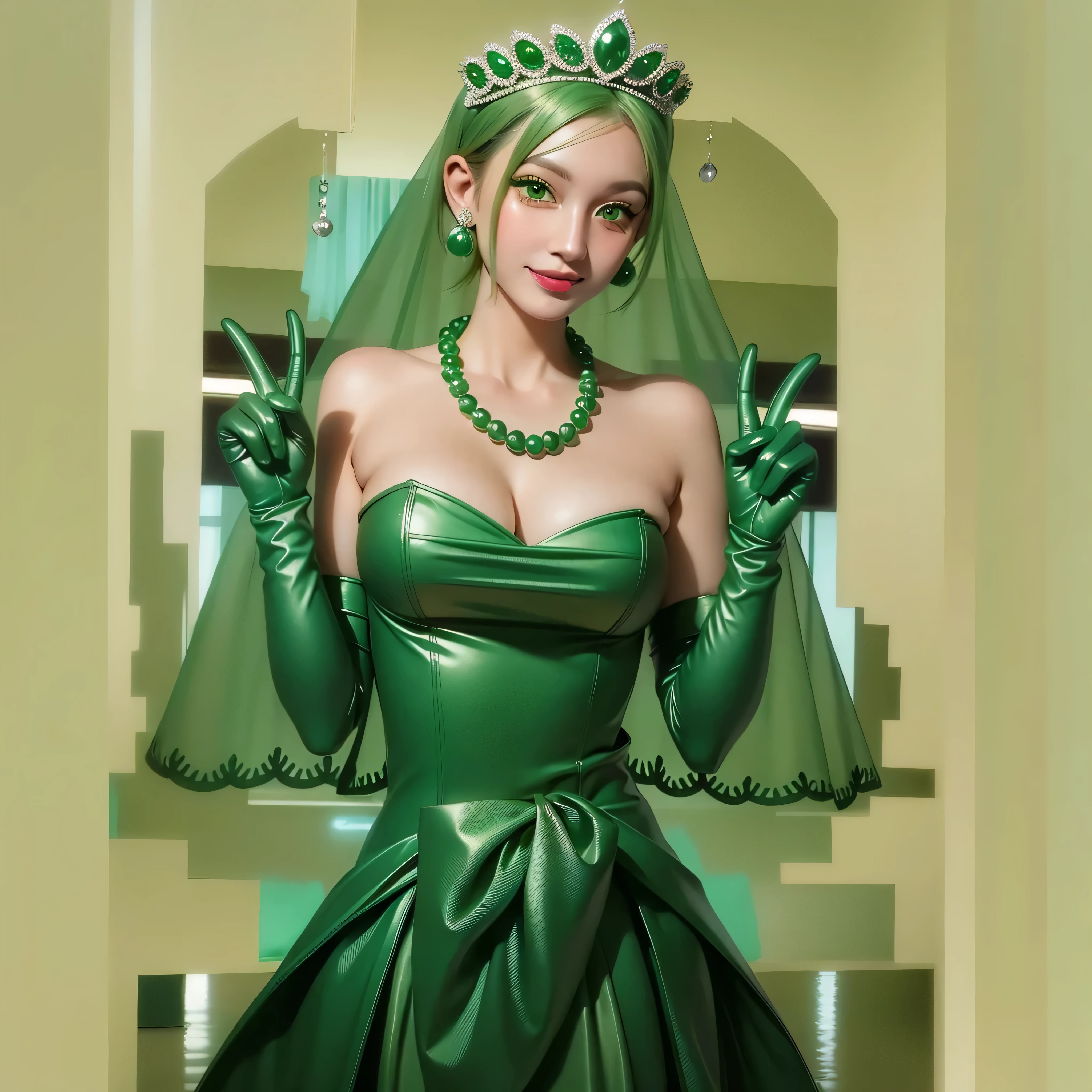Emerald tiara, Green Pearl Necklace, Boyish very short green hair, Green Lips, Smiling Japanese woman, Very short hair, Busty beautiful lady, Green Eyes, Green satin long gloves, Green Eyes, Emerald Earrings, Green veil, All, Green Hair, Beautiful Japanese Woman, green lip gloss