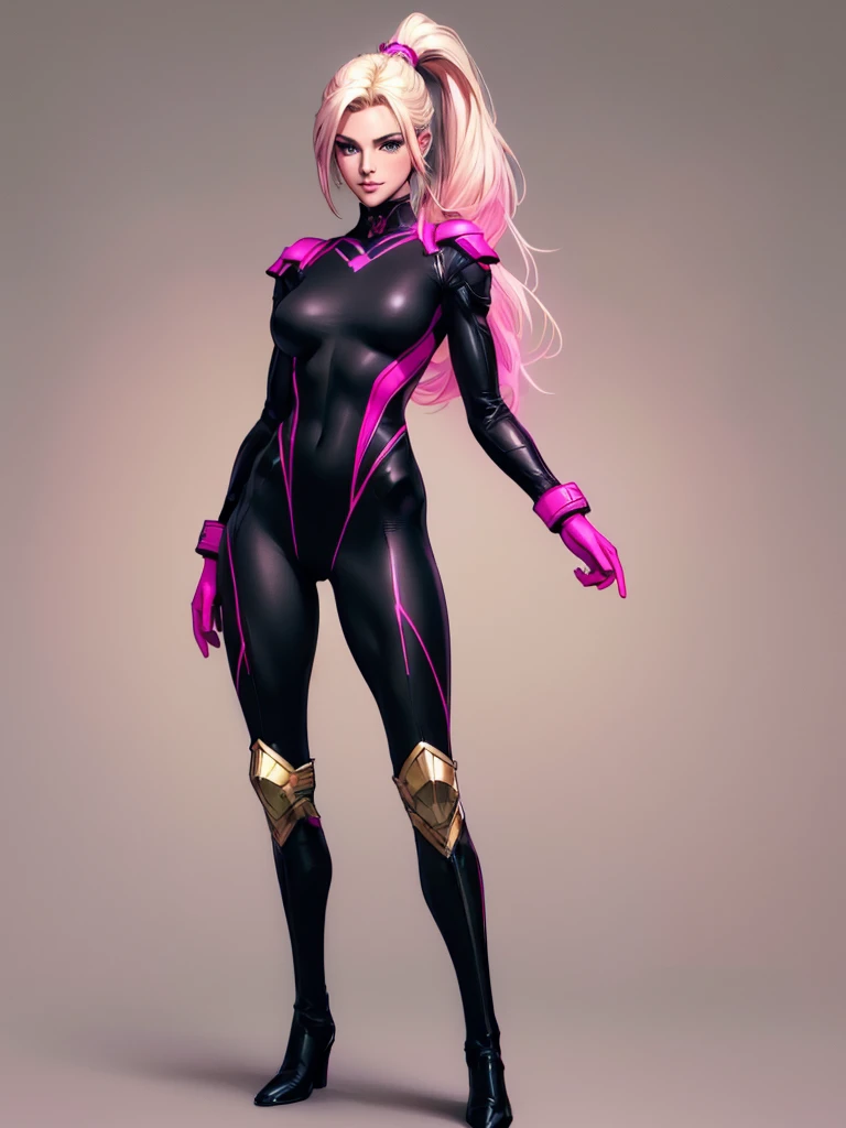 ((best quality)), ((4k)), ((highres)), ((masterpiece:1.2)). ((detailed)), ((ultra realistic)), ((intricate details)), ((full body picture)), ((character design sheet)), ((blank background)), ((standing in a blank background)), full body shot of a beautiful european female, blond beauty, about 21 years old, rosy white skin, red lips, smile on her face, happy expression on her face, about 5'6 ft. tall, perfect face, gorgeous face, blond hair, vivid green eyes, detailed lips, detailed eyes, long ponytail, athletic body, dressed in a skin-tight dark pink bodysuit ((emphasis on her skin-tight dark pink bodysuit)), black boots, ((black boots)), superhero character concept art, lean body frame.