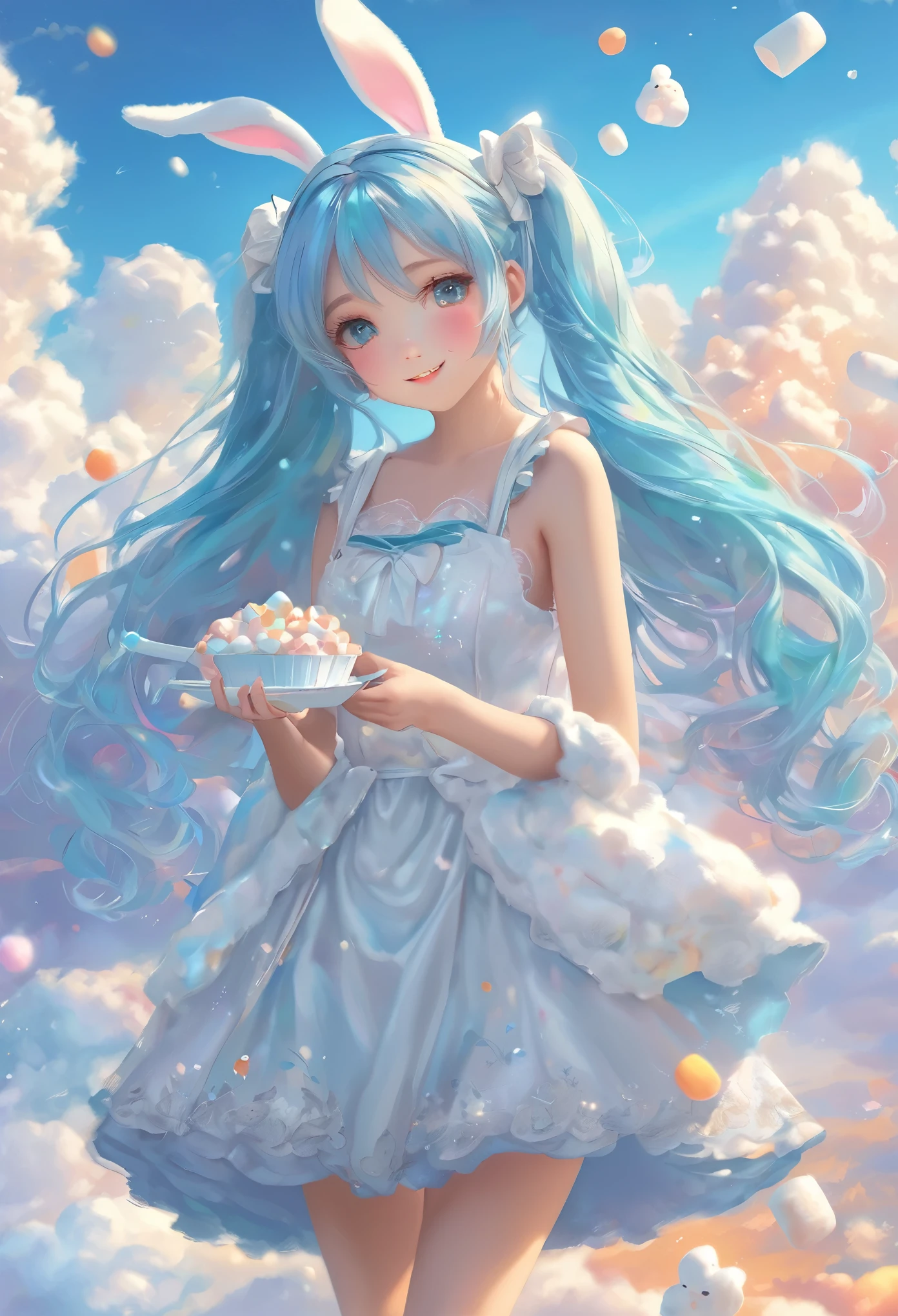 Bunny Morphing Girl, fluffy, soft ((Highest quality)), ( Very detailed, Best details, Official Art, Beauty and aesthetics: 1.2), Depth of the written border, composition, whole body, (a bit), (Beautiful and detailed: 1.3), (wonderful:1), Colorful clouds blurred background、Bunny Morphing Girl, fluffy, soft ((Highest quality)), ( Very detailed, Best details, Official Art, Beauty and aesthetics: 1.2), Depth of the written border, composition, whole body, (a bit), (Beautiful and detailed: 1.3), (wonderful:1), Colorful clouds blurred background,One girl, Beautiful girl with long light blue hair and twin tails, eating fluffy marshmallows, bright smile, white fluffy costume