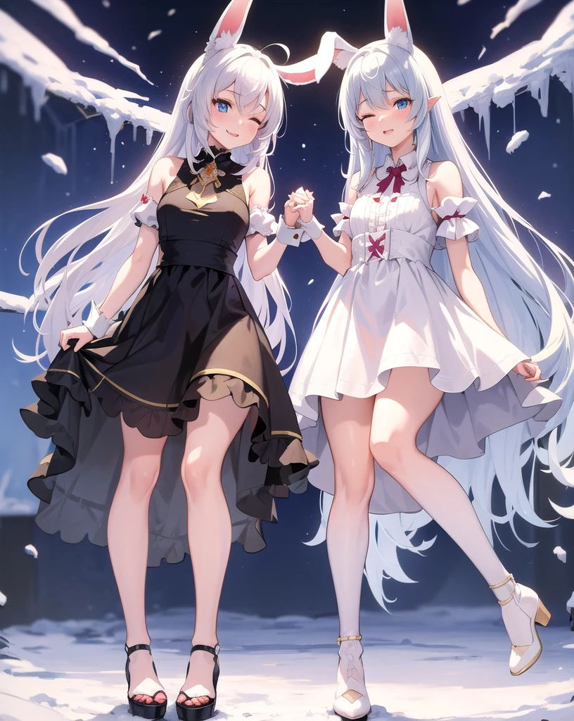 masterpiece, Highest quality, One personの女の子, One person, Sleep in a soft bed, Luxurious bed, Eyes closed, Hands placed on chest:1.2, Small breasts.Long hair in the snow, Wearing a dress, skirt, フレアskirt, smile, Anime Fantasy, Flowing white hair, Fantasy Anime,Bunny ears:1.5. Ethereal Anime, Beautiful anime art, Beautiful digital art, Anime Fantasyアートワーク, Anime Fantasyアートワーク, Sheet, Exact finger count:1.3, like a maiden in the grass
