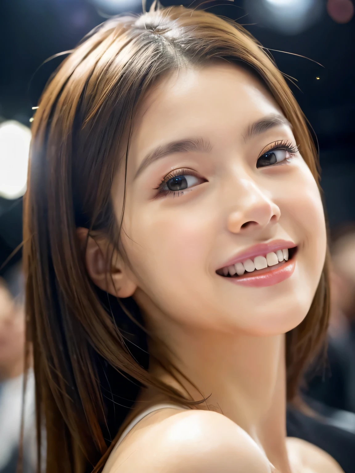 8k, RAW Photos, Highest quality, masterpiece, Head shot from the front、One Japanese woman、28-year-old housewife、Perfect Makeup、Big Laugh、Symmetrical eyes、Clear Eyes、Highly detailed eyes、Highly detailed face, Fine skin, Sharp focus, Bokeh, Shiny light brown hair, Glowing Skin、Cinema lighting、Watching the audience、