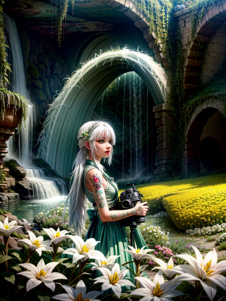 1 girl, One, WHITE_hair, tattoos, grotto, green, flowers, Beautiful, idyllic, exalted, absurdity, hyperrealism, textured, maximum_detail, SLR camera