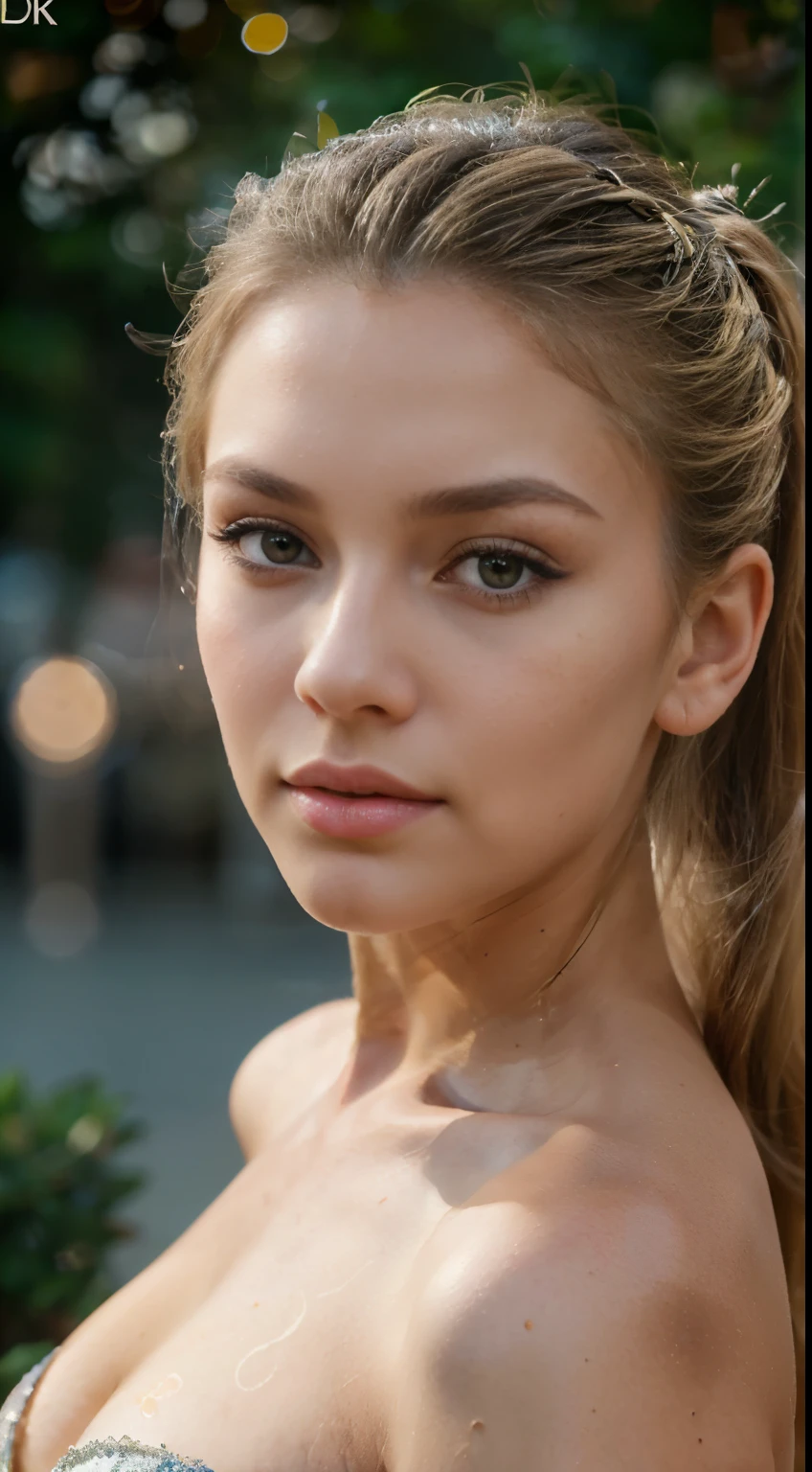 Beautiful girl, 20 age old, elongated face with smooth contours, blond hair, beautiful ponytail behind the head, bionde, Eye make up, Designer eye cut, beautiful eyes, longeyelashes, realistic human appearance, big lips, (masterpiece:1.2) (photorealestic:1.2) (bokeh) (best quality) (Intricate detailing) (8k) (HDR) (Cannon D5) (cinematic lighting) (keen focus), close up of the face, front view