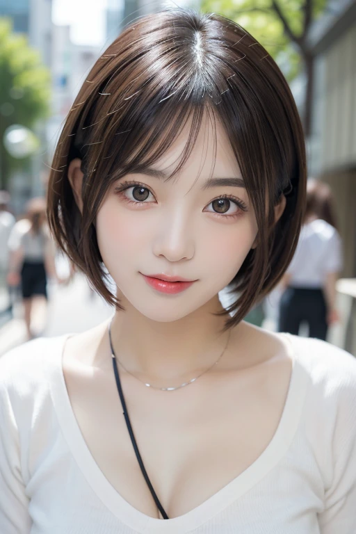 masutepiece, Best Quality, Illustration, Ultra-detailed, finely detail, hight resolution, 8K Wallpaper, Perfect dynamic composition, Beautiful detailed eyes, Women's Fashion,Very short hair,Small breasts natural color lip, Bold sexy poses,Smile,Harajuku、20 years girl、Cute、Sexy shot looking at camera, tongue sticking out