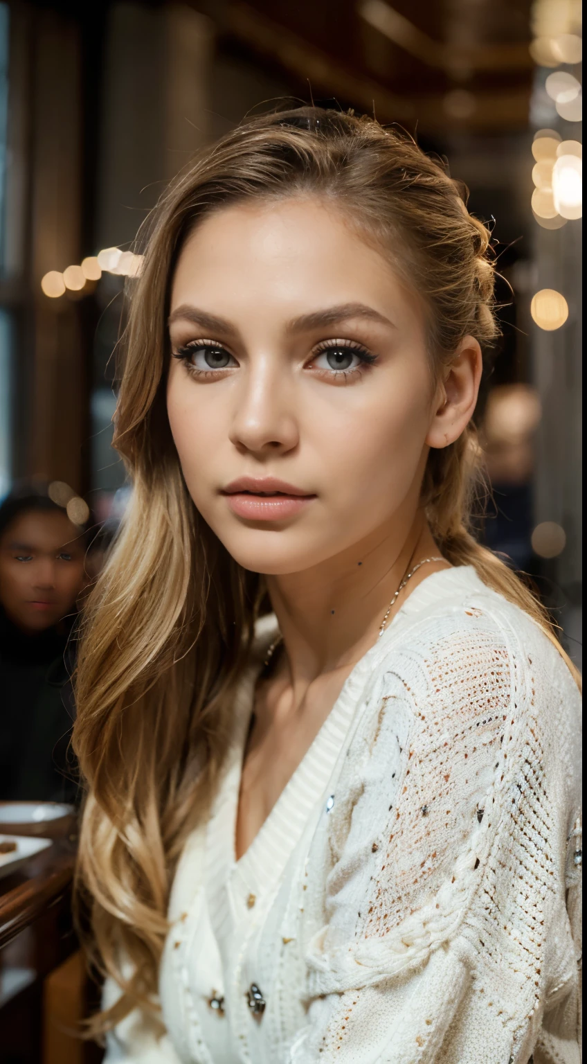 Beautiful girl, 20 age old, elongated face with smooth contours, blond hair, beautiful ponytail behind the head, bionde, Eye make up, Designer eye cut, beautiful eyes, longeyelashes, realistic human appearance, big lips, nautical clothing, short sweater, Brenda-Hose, Luxury yacht, (masterpiece:1.2) (photorealestic:1.2) (bokeh) (best quality) (Intricate detailing) (8k) (HDR) (Cannon D5) (cinematic lighting) (keen focus), Interior shot in a club