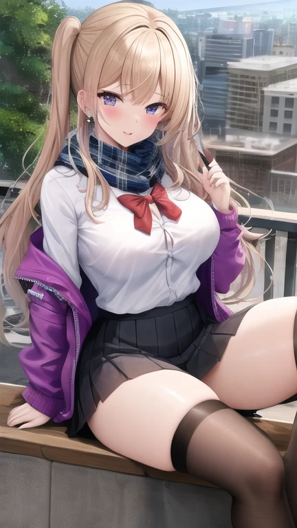 masterpiece, best quality, 1girl, sitting, city, white hair, long hair, purple eyes, buttoned shirt, jacket, scarf, skirt, thigh highs