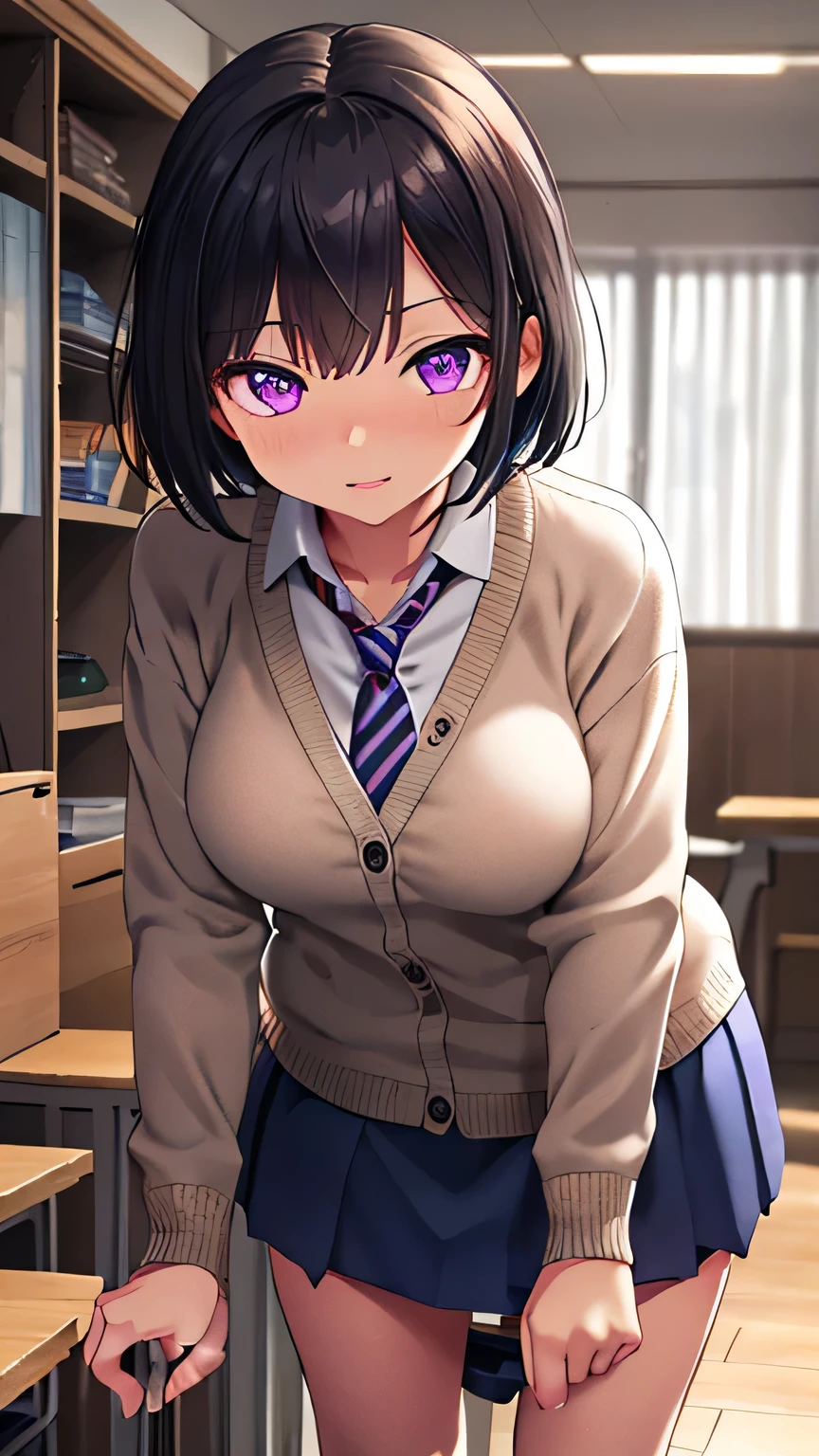 (Very detailed CG Unity 8K 壁紙),(masterpiece), (Highest quality), (Very detailed), (Best illustrations),(Best Shadow), Large Breasts,,Purple eyes and very short purple hair,,Leaning forward、White blouse,Blue tie,Checked mini skirt（Put your panties down）,beige cardigan,Dynamic Angle