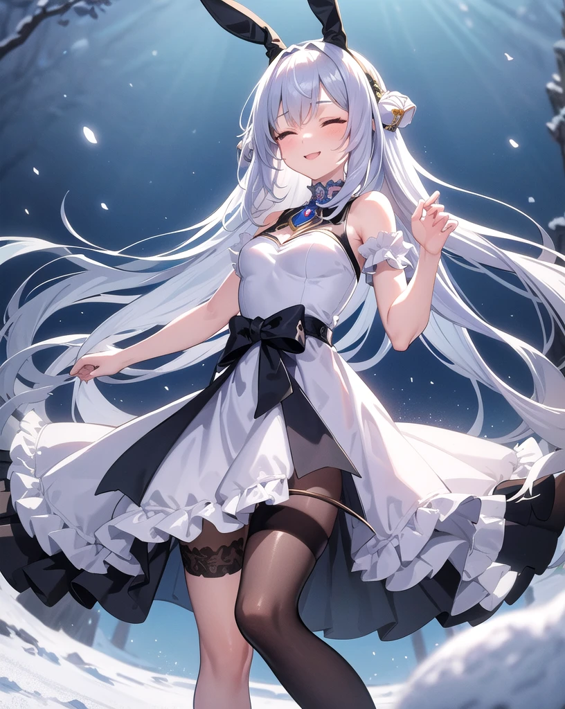 masterpiece, Highest quality, One personの女の子, One person, singing:1.3, Eyes closed, Right hand raised to the side, Left hand on chest, Small breasts.Long hair in the snow, Wearing a dress, skirt, フレアskirt, smile, Anime Fantasy, Flowing white hair, Fantasy Anime,Bunny ears:1.5. Ethereal Anime, Beautiful anime art, Beautiful digital art, Anime Fantasyアートワーク, Anime Fantasyアートワーク, Sheet, like a maiden in the grass