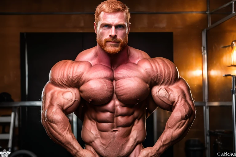 (ginger:1.3), Masterpiece, denoise, void noise, one man, best quality, 8k resolution, male focus, focus only, amazing composition, volumetric lighting, super quality, elegant, Very detailed, front view, -----------, muscular, (pale skin), ((((((Caucasian man)))))), very handsome, (light-blue eyes), ((messy hair)), big ears, (hairy), scruffy beard, (((shirtless))), (((facing viewer))), extremely huge muscles, rippling chest