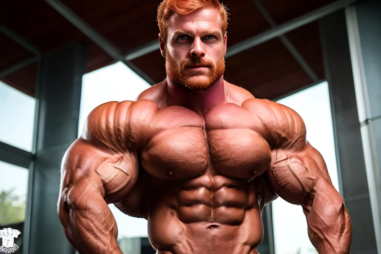 (ginger:1.3), Masterpiece, denoise, void noise, one man, best quality, 8k resolution, male focus, focus only, amazing composition, volumetric lighting, super quality, elegant, Very detailed, front view, -----------, muscular, (pale skin), ((((((Caucasian man)))))), very handsome, (light-blue eyes), ((messy hair)), big ears, (hairy), scruffy beard, (((shirtless))), (((facing viewer))), extremely huge muscles, rippling chest