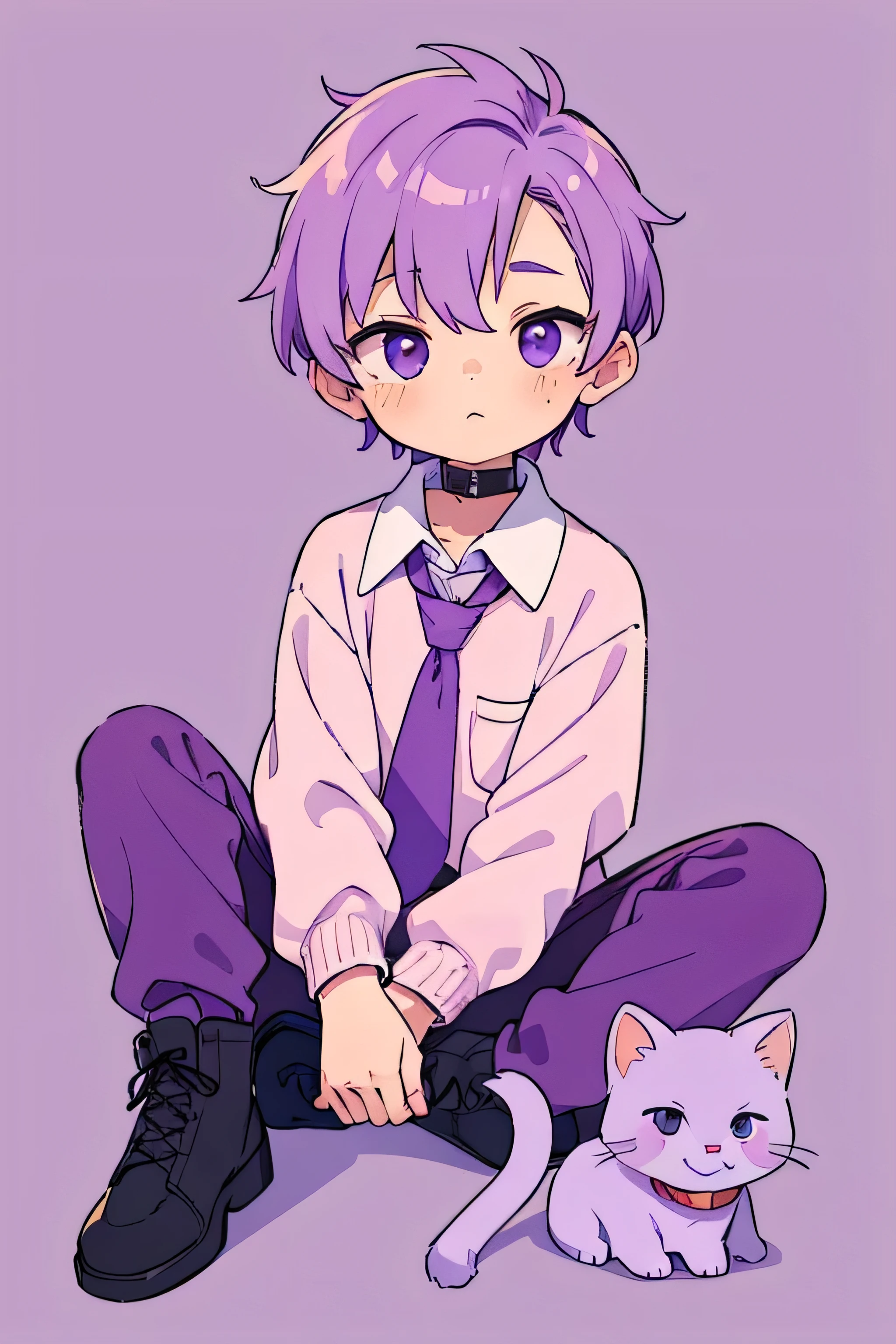((best qualityer)), ((work of art)), (detailded), 1 boy, ombro to ombro sweater, a guy with sweet pink skin, messy purple hair, with collar on shirt (lilac collar) purple necktie, dark purple pants, and pink boots. chibi with several purple kittens in the background