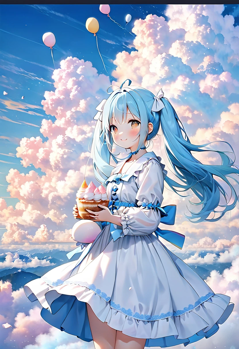fluffy, soft ((Highest quality)), ( Very detailed, Best details, Official Art, Beauty and aesthetics: 1.2), Depth of the written border, composition, whole body, (a bit), (Beautiful and detailed: 1.3), (wonderful:1), Colorful clouds blurred background、Bunny Morphing Girl, fluffy, soft ((Highest quality)), ( Very detailed, Best details, Official Art, Beauty and aesthetics: 1.2), Depth of the written border, composition, whole body, (a bit), (Beautiful and detailed: 1.3), (wonderful:1), Colorful clouds blurred background,One girl, Beautiful girl with long light blue hair and twin tails, eating fluffy marshmallows, bright smile, white fluffy costume