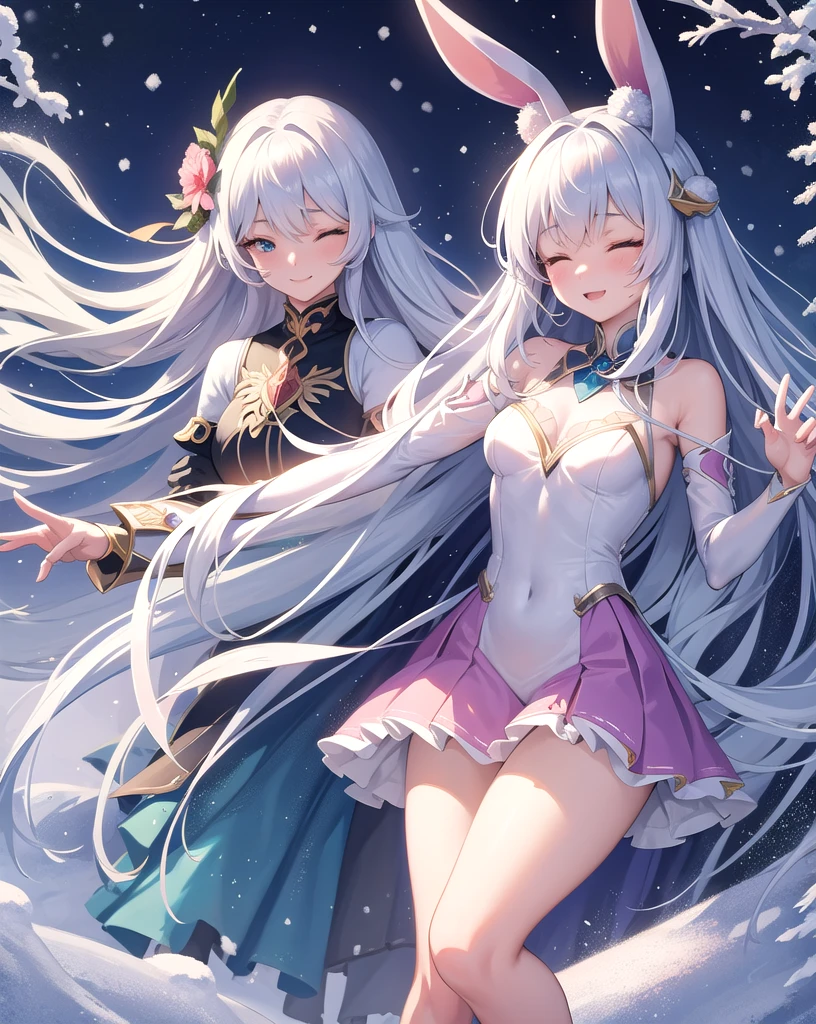masterpiece, Highest quality, One personの女の子, One person, Sleep in a soft bed, Luxurious bed, Eyes closed, Hands placed on chest:1.2, Small breasts.Long hair in the snow, Wearing a dress, skirt, フレアskirt, smile, Anime Fantasy, Flowing white hair, Fantasy Anime,Bunny ears:1.5. Ethereal Anime, Beautiful anime art, Beautiful digital art, Anime Fantasyアートワーク, Anime Fantasyアートワーク, Sheet, Exact finger count:1.3, like a maiden in the grass