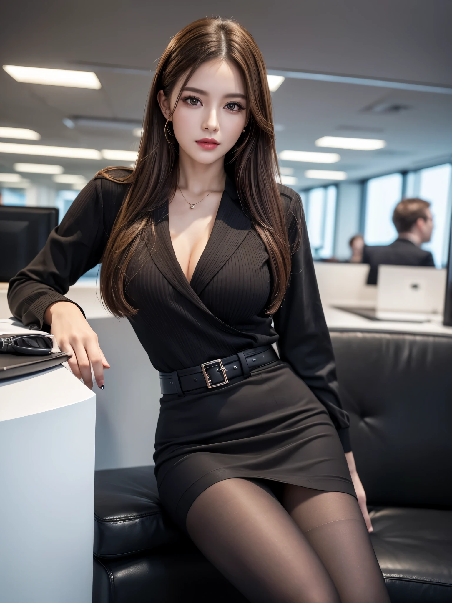 (8k, Ultra-high resolution, The best masterpiece, best quality:1.2), Very detailed, Complete Solution, (actual, actual photo: 1.37), portrait, Half Body, focus on eyes, HD RAW photos, career arrest, High quality and beautiful, 超高清 8k 影像照片, Volumetric lighting, Soft Light, confess, Professional photography, Very detailed的美麗女孩, Super delicate face shape, Contoured eyes, (Very detailed eyes), Precisely shaped nose, expressive lips, Delicate skin, (HD Skin:1.2), Neatly contoured fingers, Every feature is carefully displayed, a story, (20:1.2), Twenty generations, cute girl, young mother, Beautiful mature lady, brown hair, long, straight hair, sparkling amber eyes, red lips, Eye makeup, sit down, Secretary in the office, luxury sofa, Take the cup, Standard office clothing, (Suits and tight skirts, pantyhose and high heels), Modern office interior, perfect anatomy, Detailed background, HD background without blur, particle, actual, stunning details, 8k Ultra HD, high quality, CG unity, C4D Rendering, 3D Rendering 