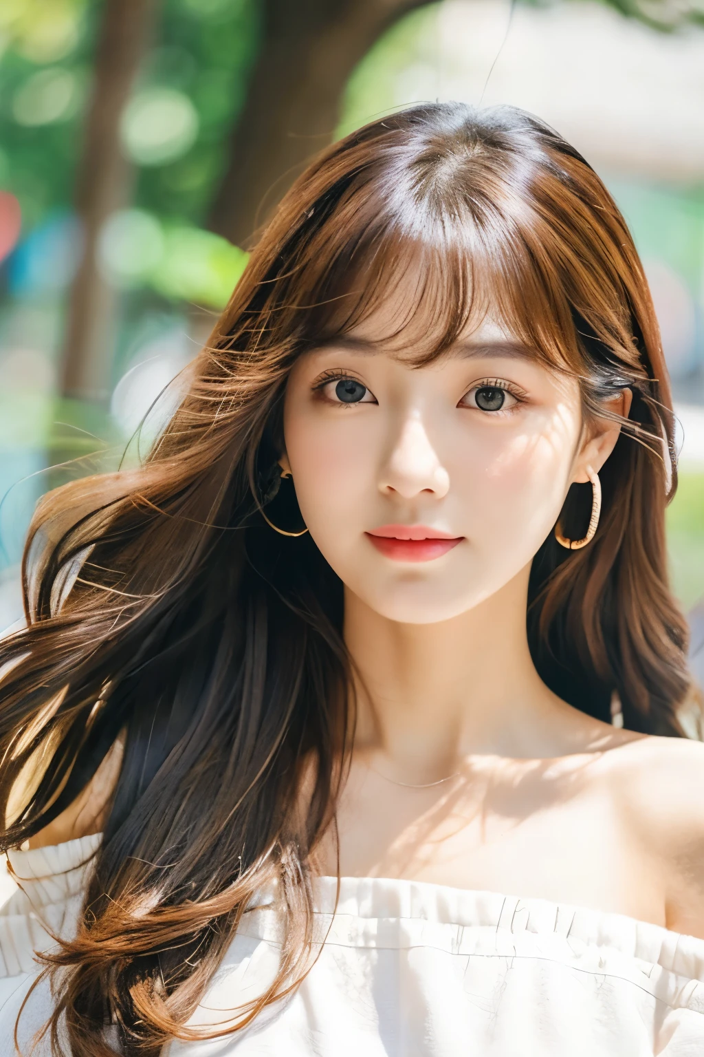 The location is Omotesando、Korean、elegant、elegant、Girl with long curly hair、turn、Off-shoulder、The face is beautiful、Big round eyes、Sunlight、Round Face、Wide Double Width、Crispy Double Layer、With bangs、Brown eyes、short nose、