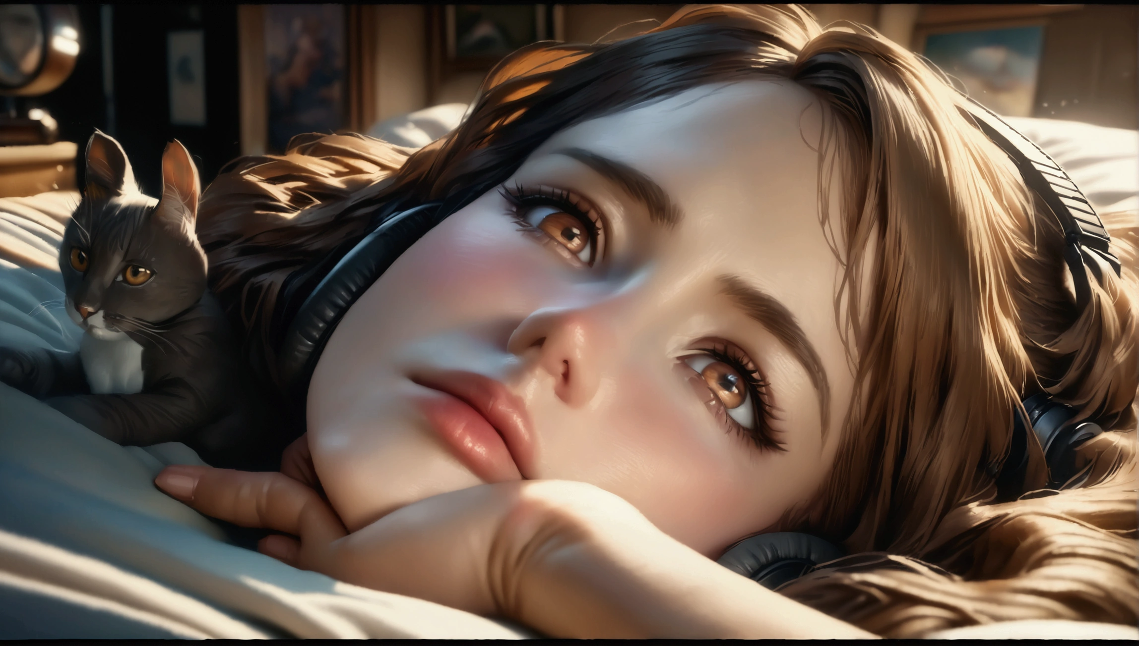a girl lying on a bed wearing headphones, gently petting a cat, anime style, intricate details, beautiful detailed eyes, beautiful detailed lips, extremely detailed face, long eyelashes, soft lighting, warm color palette, cinematic composition, photorealistic, 8k, (best quality, 4k, 8k, highres, masterpiece:1.2), ultra-detailed, (realistic, photorealistic, photo-realistic:1.37), HDR, UHD, studio lighting, ultra-fine painting, sharp focus, physically-based rendering, extreme detail description, professional, vivid colors, bokeh