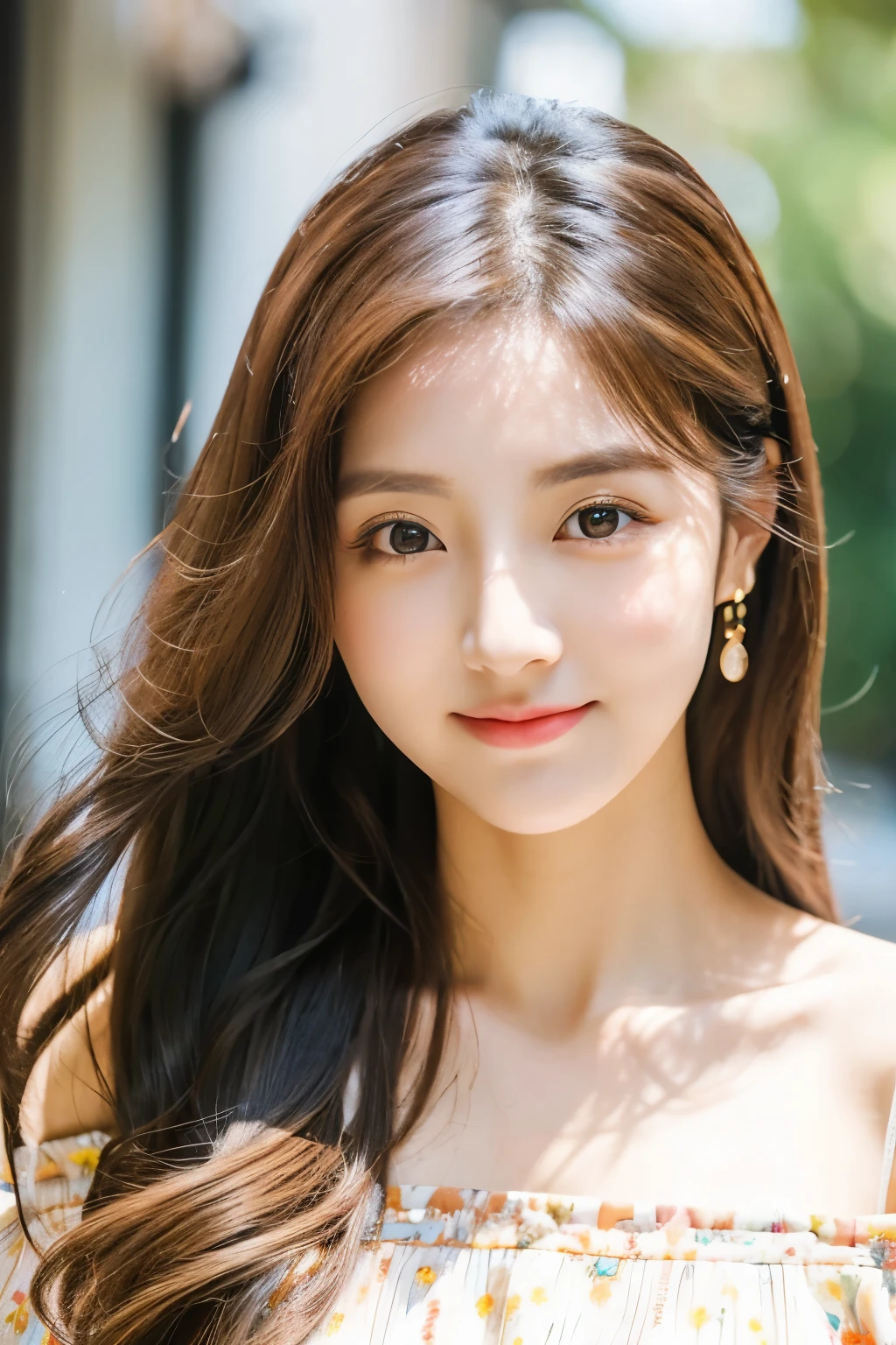 The location is Omotesando、Korean、elegant、elegant、Girl with long curly hair、turn、Off-shoulder、The face is beautiful、Big round eyes、Sunlight、Round Face、Wide Double Width、Crispy Double Layer、With bangs、Brown eyes、short nose、