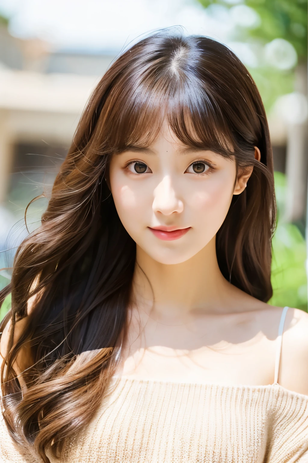The location is Omotesando、Korean、elegant、elegant、Girl with long curly hair、turn、Off-shoulder、The face is beautiful、Big round eyes、Sunlight、Round Face、Wide Double Width、Crispy Double Layer、With bangs、Brown eyes、short nose、