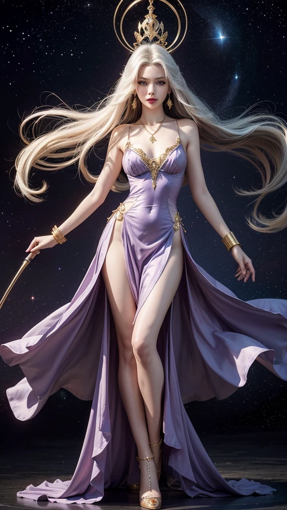 masterpiece, Highest Quality, (Solo full body Focus), (Perfect face:1.1), (high detailing:1.1), (ultradetailed eyes), Dramatic, woman with pale skin and long voluminous white hair, green eyes, Solo, Long hair, Moon, Night, purple luxury long drees with split, Covered navel, Pouty lips, arrogant expression, rose garden, Detailed background, Art by Artgerm, Cinematic lighting, roses, Fashion, BalenciagaStyle, full body, long drees, magical girl, long white hair, full body details, two leg, two arm, holding universe staff, universe scepter, high heels, purple dress, magical dress, hourglass figure, small nose, red lips, small nose, white skin, earrings, rings, necklace, bracelet, jewelry, full body details, long purple dress with long splits until her tight and gold details, gold details, on her forehead gold universe symbol, in her hands long universe Staff scepter, magical girl, like sailormoon, long wavy white hair, on the dress only one split, long Universe Staff A little v-neck, pretty , big breasts, realistic picture, purple dress with long one splits until tight, gold jewelry, gold details on the dress, hourglass figure, long dress long splits until tight, 