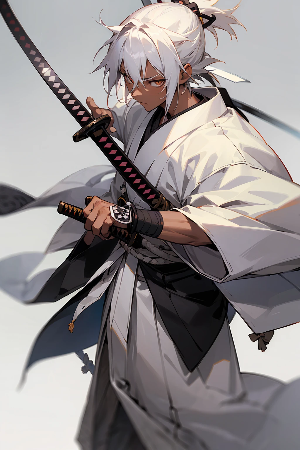 1male, teenager, muscular, muscle, white hair, medium length hair, topknot hair, colorful white eyes, calm expression, white clothes, samurai clothes, ronin clothes, sandals, dark skin, caramel skin, black skin, hands to side, white room background, detailed background, detailed face, facing viewer, (((katana, white ronin clothes, swordsman)))
