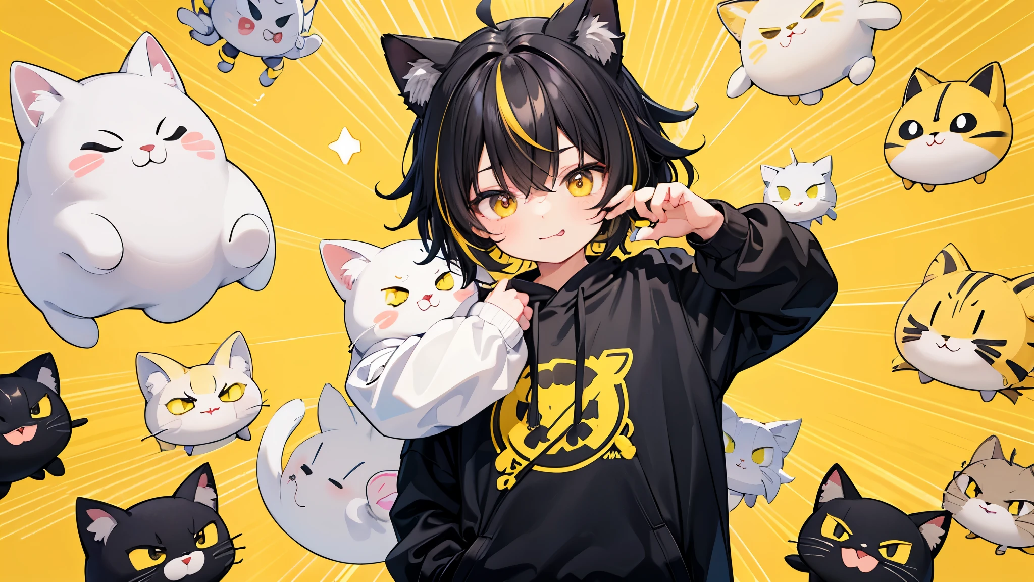 Cute boy) (anime styling) (Bblack hair, with yellow highlights) (Black eye) (black sweatshirt, with yellow details, yellow cat paw symbol on sweatshirt) (Branco Image Fund) (Character Up to the Waist, (hands inside sweatshirt pocket, happy expression, cloused mouth) (4K quality) (straight position) (pngtuber)