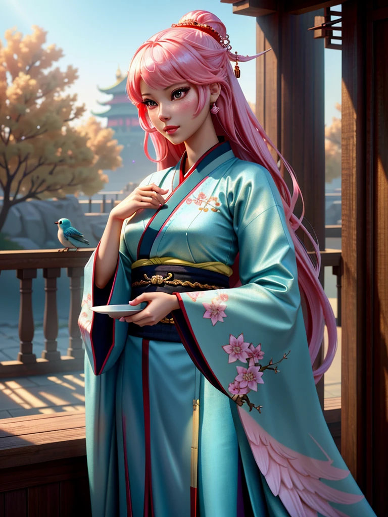 Create Barbie with a cup and a bird on her hand, beautiful digital artwork, work in Guweiz style, beautiful digital art, gorgeous digital art, cute detailed digital art, beautiful gorgeous digital art, beautiful digital illustration, digital fantasy art ), beautiful fantasy art, palace , Girl from Hanfu, very beautiful digital art, Oriental fantasy, masterpiece, Best quality:1.2),,(8 K,a high resolution,RAW photo,realistic,photo-realistic:1.3),(detailed skin texture,detailed fabric texture,beautiful detailed face:1.25),professional lighting,photon mapping,Beautiful soft light,radiation,physically based rendering,Ray tracing, model shooting style, model shooting style, (extremely detailed CG unity 8 K wallpaper), full body shot of the world's most beautiful piece of art,