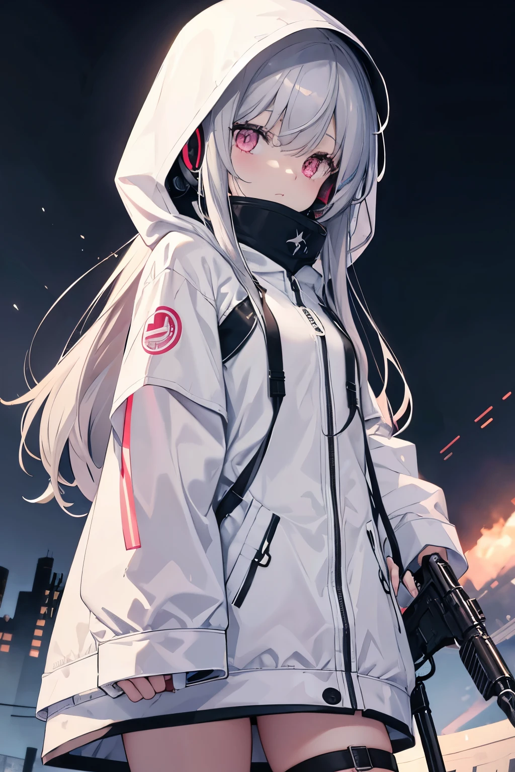 Hooded girl,headset,Sniper gun,On the battlefield,White cute clothes,Long Hair, bangs, Pale pink eyes, Gray Hair, Biting one's lip, earphone, hairpin,