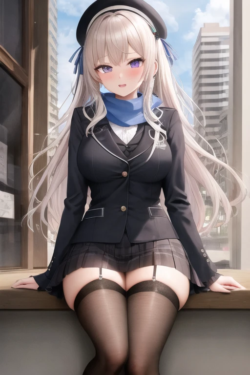 masterpiece, best quality, 1girl, sitting, city, white hair, long hair, purple eyes, buttoned shirt, jacket, scarf, skirt, thigh highs