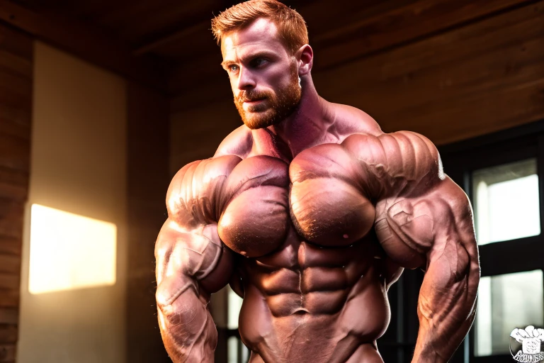 (ginger:1.3), Masterpiece, denoise, void noise, one man, best quality, 8k resolution, male focus, focus only, amazing composition, volumetric lighting, super quality, elegant, Very detailed, front view, -----------, muscular, (pale skin), ((((((Caucasian man)))))), very handsome, (light-blue eyes), ((messy hair)), big ears, (hairy), scruffy beard, (((shirtless))), (((facing viewer))), extremely huge muscles, rippling chest, ((cartoonishly big and fully erect dick))