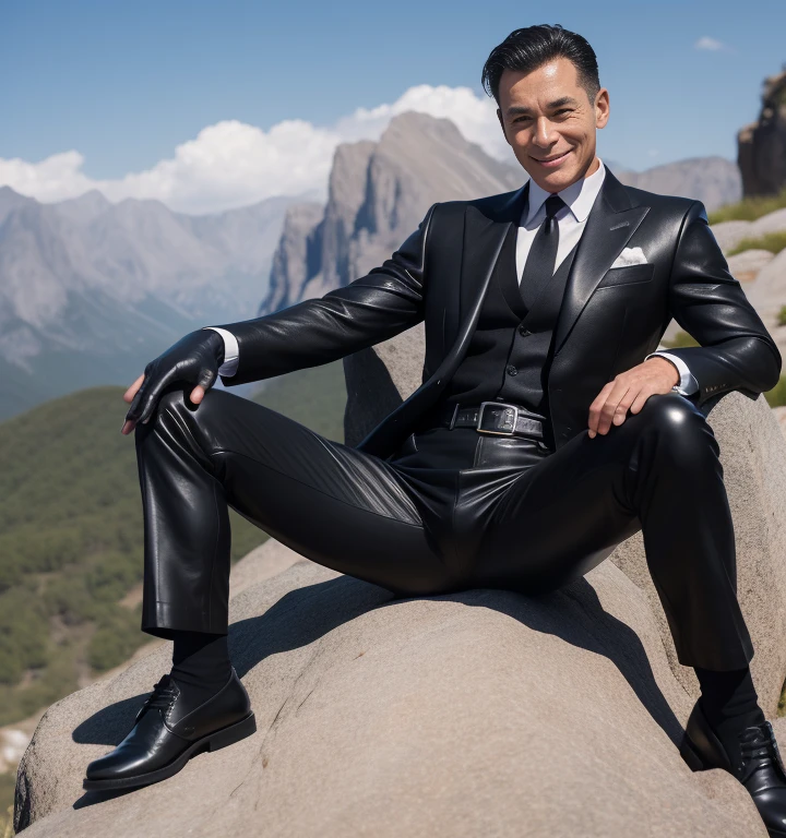 50 years old,One Man,Black Suit,Cliff in the mountains、Sit with your legs wide open、The  area is bulging、Hold a gun,logic,Gay ,Short-haired all-back、Stubble,Asian Faces。Handsome、mafia　Fighting spirit　Hermes Belt　Black leather shoes　Black leather gloves　The  area is bulging、smile