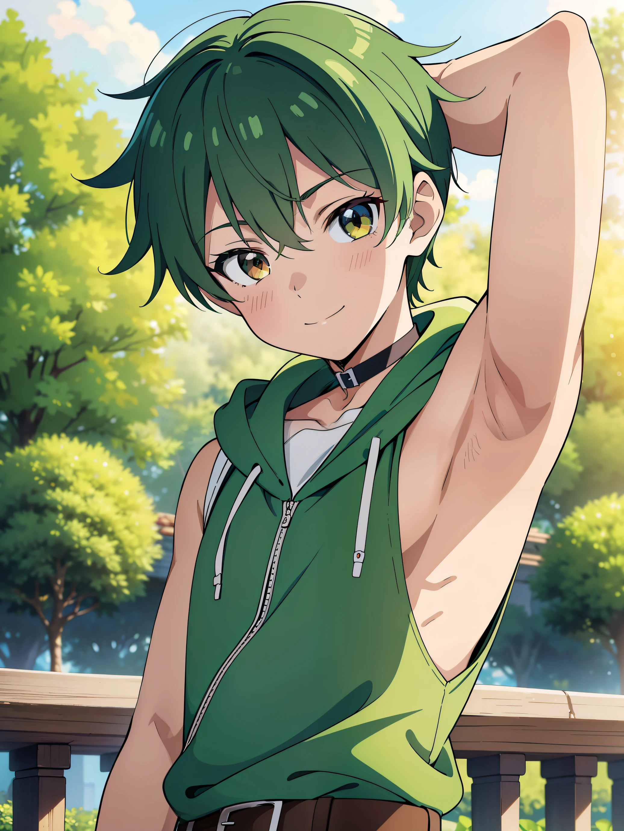 Highres, Masterpiece, Best quality at best,Best Quality,hight quality, hight detailed, Anime style, 1boy, Shota, young boy, Solo person, smile, Green hair, Straight hair, garden, Sleeveless hoodie, Bare shoulder, Seen from the front, look at viewer, upper body, belt, choker, Baby face, (Showing armpit), Such a cute smooth armpit, The armpits of a 12 year old boy, Adorable little armpits, Give me a proportional picture of a 12 year old boy's armpits, (Very young boy), (very small and short body), 12-year-old boys, uhd, blurry beckground