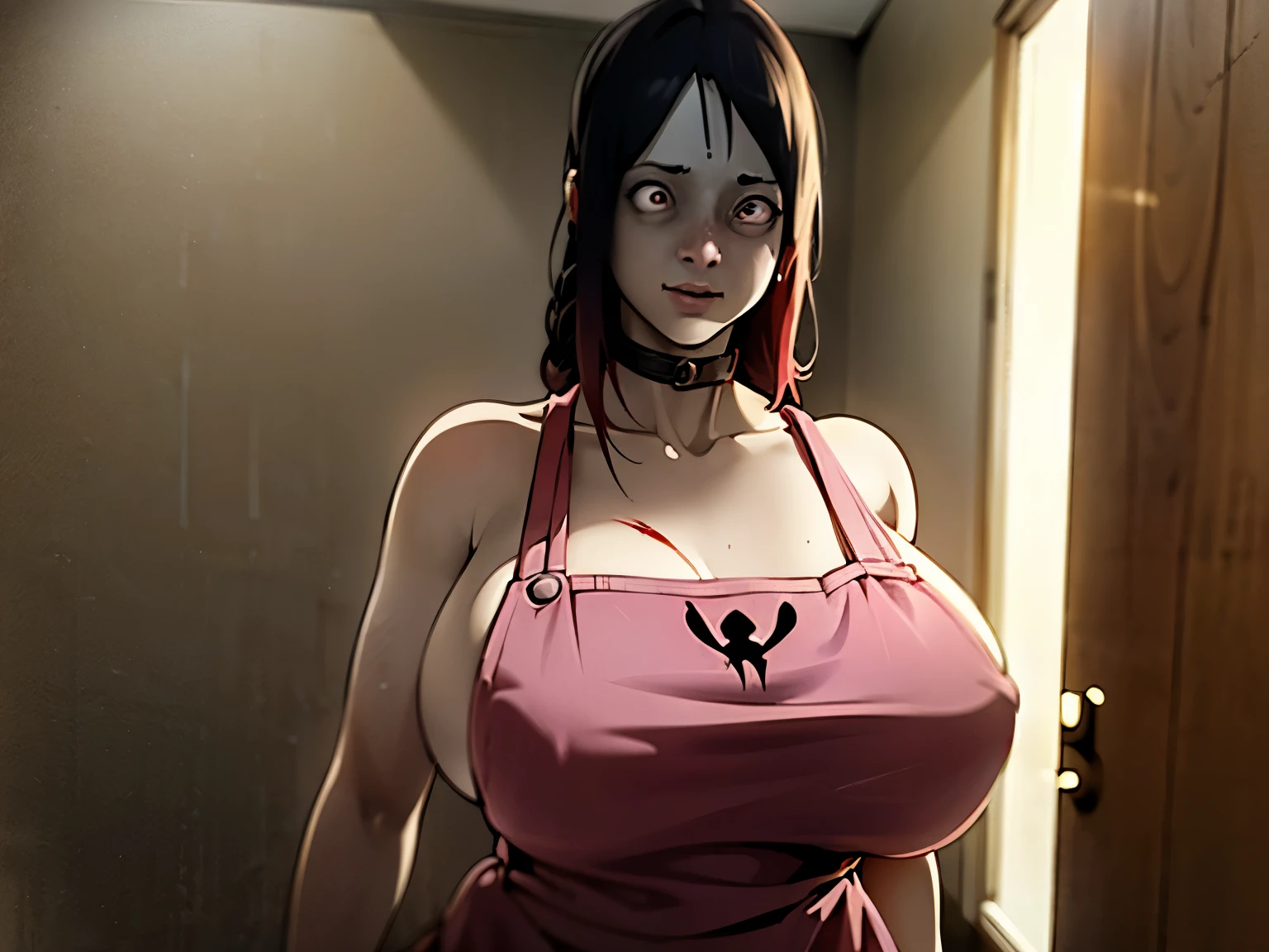 (masterpiece:1.3) 1girl, (female serial killer:1.5) (skinny with an ugly double_chin:1.3) working at Walmart, wearing an apron with topless under the apron, wide eyes, blood stains on clothes, short khaki shorts, big evil smile, (holding a knife:1.3), horror Walmart  background, florescent grocery store lighting, deep shadows , extreme details, , complimentary lighting colors, deep skin, , brightly colored composition, "constricted pupils, small pupils, yellow glowing eyes", (realistic anime style), sagging breasts