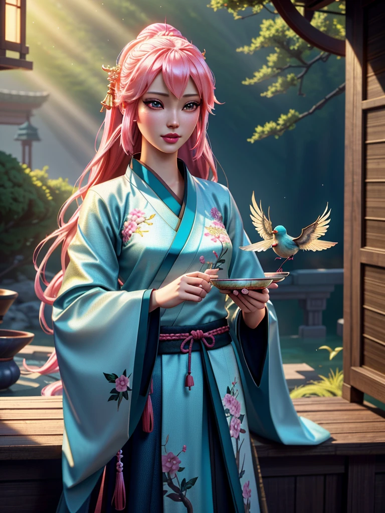Create Barbie with a cup and a bird on her hand, beautiful digital artwork, work in Guweiz style, beautiful digital art, gorgeous digital art, cute detailed digital art, beautiful gorgeous digital art, beautiful digital illustration, digital fantasy art ), beautiful fantasy art, palace , Girl from Hanfu, very beautiful digital art, Oriental fantasy, masterpiece, Best quality:1.2),,(8 K,a high resolution,RAW photo,realistic,photo-realistic:1.3),(detailed skin texture,detailed fabric texture,beautiful detailed face:1.25),professional lighting,photon mapping,Beautiful soft light,radiation,physically based rendering,Ray tracing, model shooting style, model shooting style, (extremely detailed CG unity 8 K wallpaper), full body shot of the world's most beautiful piece of art,