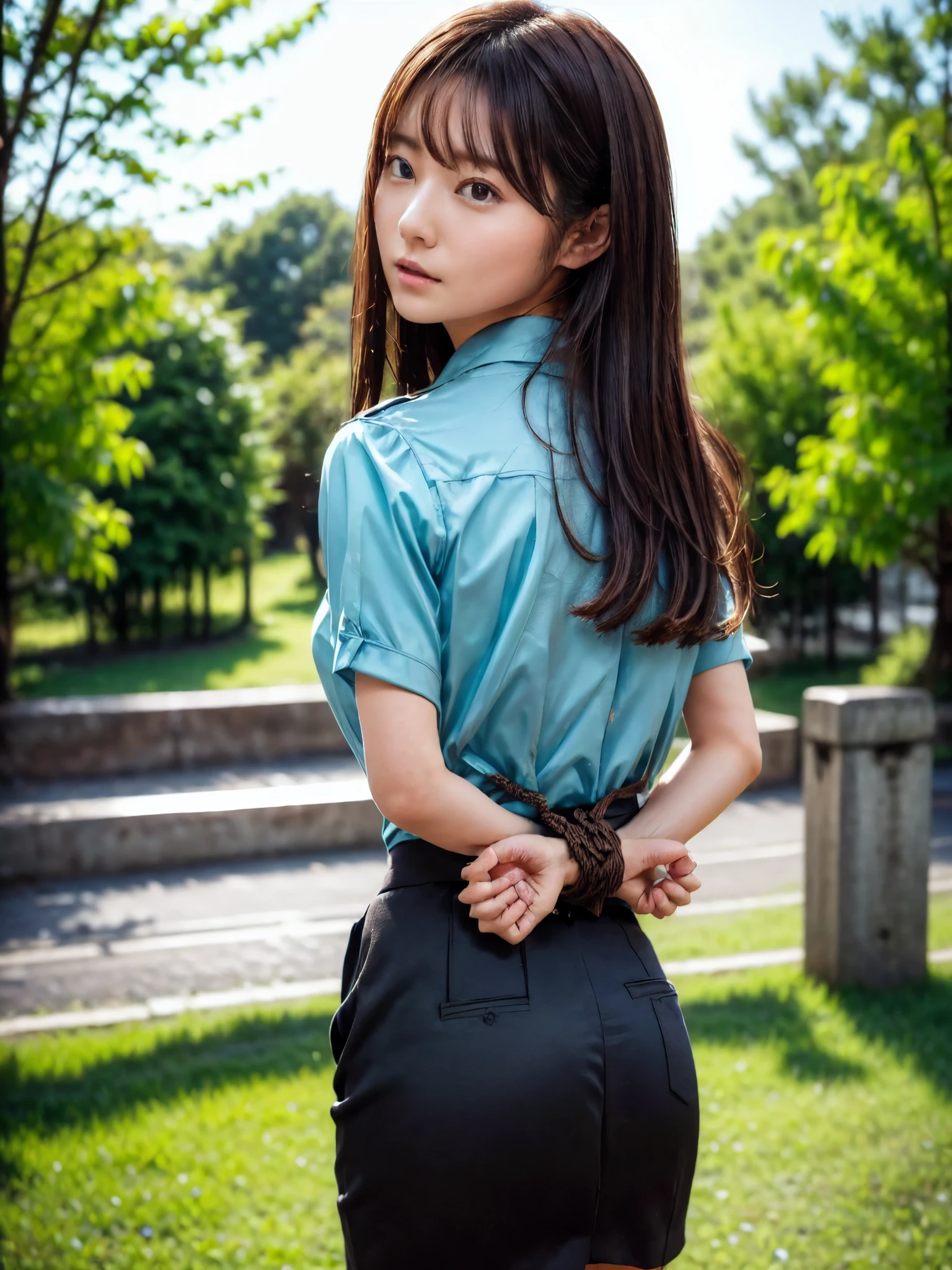 The woman has her hands tied、((Put your hands behind your back))、((Place your hands together and cross them behind your back))、((Her wrists are tied with rope))、Beauty、20age、university student、(anatomicaly, Has two arms and two hands)、Standing on a hill at night、There are a lot of trees、Beautiful night sky、There are many stars、A strong wind is blowing、Wearing a short-sleeved blouse、Wear a long skirt、Uniform eyes、Proportioned proportionedium build、Small breasts、Small face、(I can see from head to heel), Black Hair, bangs, swept bangs, Straight hair, Nervous, Messy Hair, Floating hair, Cinema Lighting, tachi-e, First-person view, throw, From behind, F/1.2, Nikon, Cowboy Shot, Surrealism, 超High resolution, Highest quality, High resolution, 8k, Textured skin, anatomicaly正しい体,