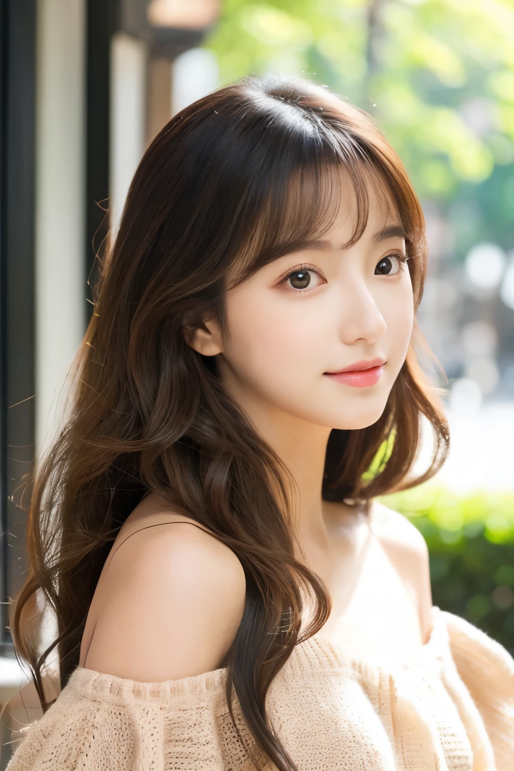 The location is Omotesando、Korean、elegant、elegant、Girl with long curly hair、turn、Off-shoulder、The face is beautiful、Big round eyes、Sunlight、Round Face、Wide Double Width、Crispy Double Layer、With bangs、Brown eyes、short nose、