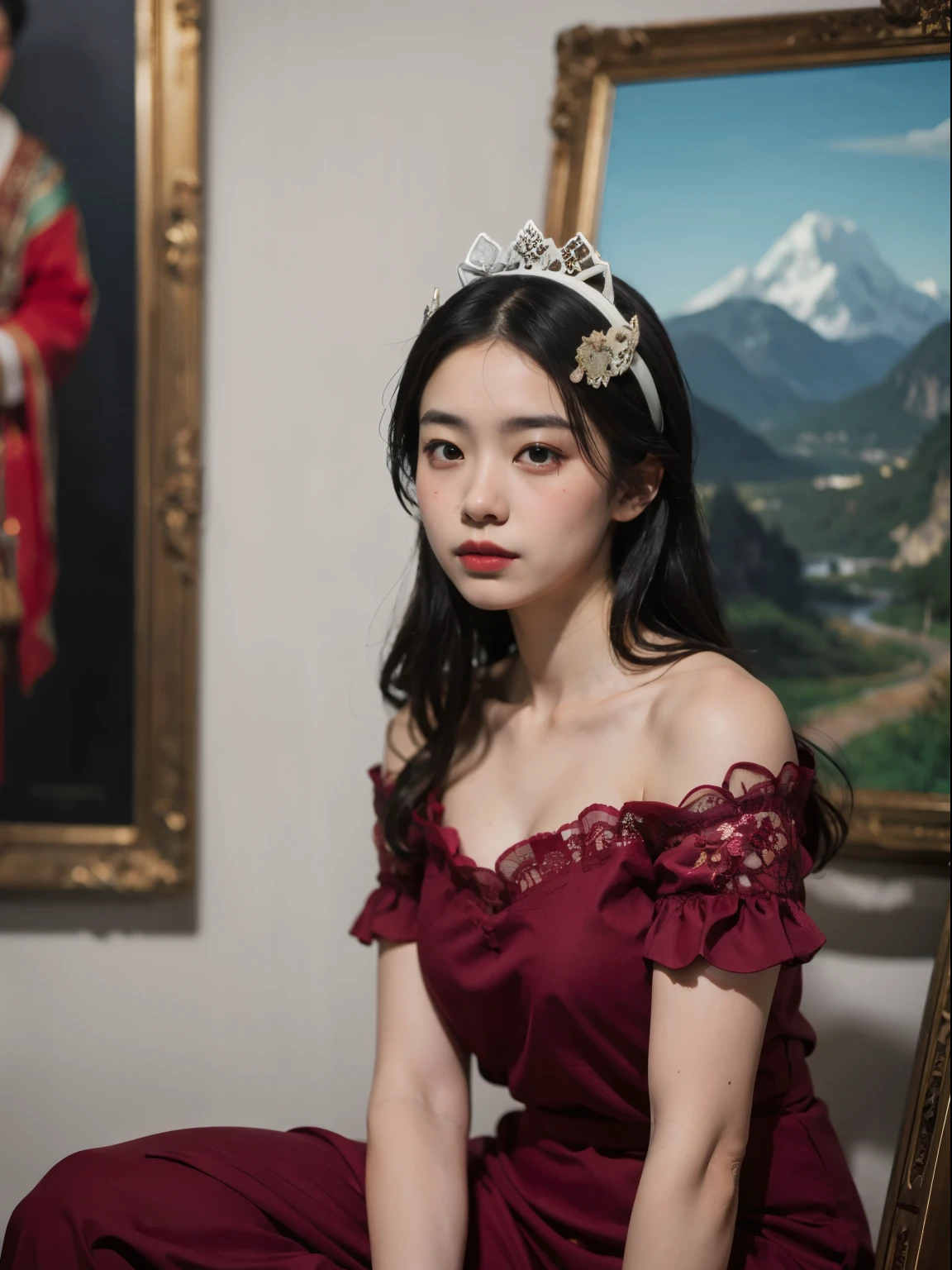 Best quality,masterpiece,(Oil painting:1.5),A lady with long black hair,Exquisite facial features,Headgear,Sitting in front of a Chinese landscape painting,Red Dress,(Amy Saul:0.248),(Stanley Liu:0.106),(A detailed painting:0.353),(Renaissance classical oil painting style:0.8)